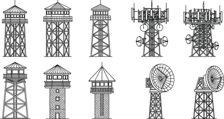 Fototapeta premium Collection of black and white silhouettes featuring watchtowers, telecommunication masts, radio antennas, and satellite dishes for industrial infrastructure design.Collection of black and white silhou