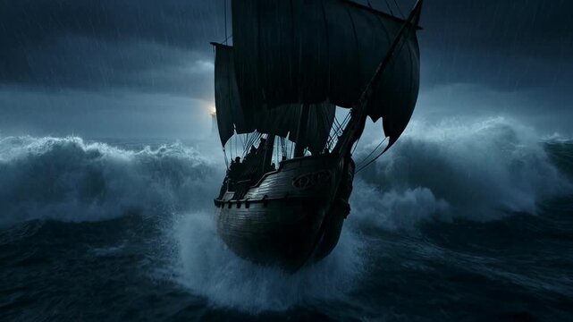 Formidable sailing ship endures perilous ocean storm. Dark, turbulent sky with lightning illuminating huge waves. Vessel battles tempest fury on rough sea