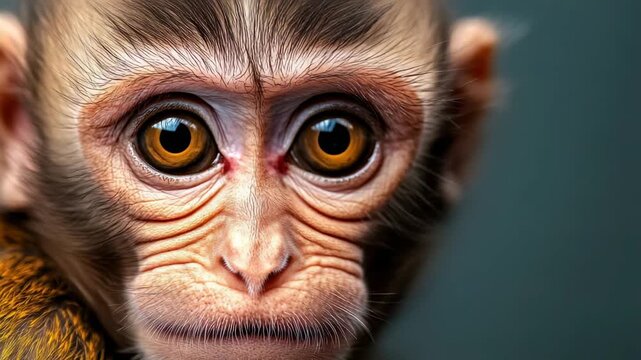 Close look at a monkey with big eyes and curious expression in a simple setting