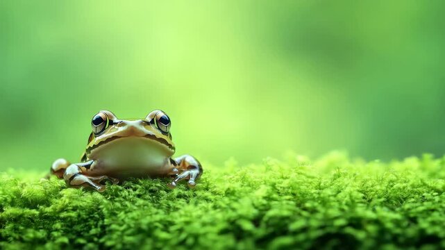 Frog on green moss during bright daylight near a pond