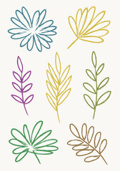Fototapeta premium A collection of hand-drawn vector botanical elements featuring stylized leaves and flowers with a distressed brush stroke texture, rendered in pastel soft colors