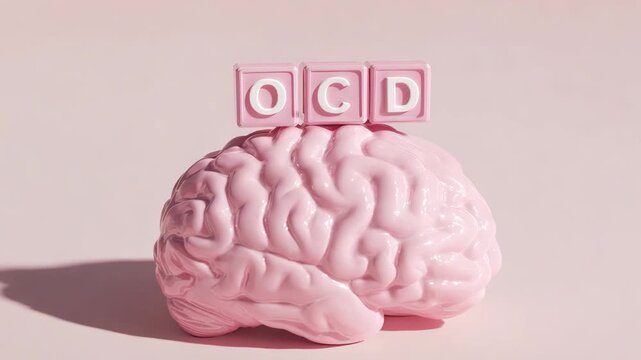 Pink human brain with OCD blocks representing obsessive compulsive disorder mental health concept