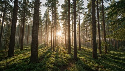 Obraz premium Peaceful pine forest with morning sunlight and sun rays