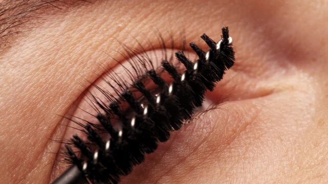 Applying black mascara to the eyelashes with a makeup brush. Applying makeup in a beauty salon. Close-up of a woman's eye. Lengthening of the eyelashes after lamination.
