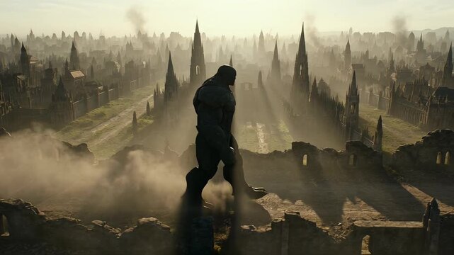 Giant ape creature, monster silhouette, surveys devastated desolate ruin cityscape. Amidst destruction, spiky towers pierce smoky atmospheric sky, golden sunbeams illuminate immense scale