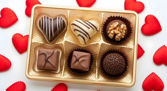 A delightful assortment of gourmet chocolates carefully nestled in a golden box, featuring elegant heart-shaped confections and other delicious treats, perfect for expressing love and affection on spe