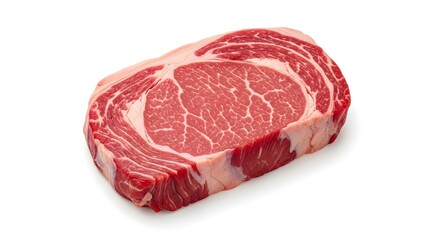 Obraz premium Beautifully marbled raw ribeye steak featuring excellent intramuscular fat distribution and deep red color isolated on white background for commercial use