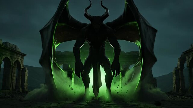 Powerful demon creature, menacing sorcerer villain silhouette. Colossal horned figure, wide wings glowing green, emerges shadowy depths. Mythical monster projects ominous aura, evoking primal fear