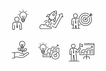 Fototapeta premium Six icons representing key concepts in innovation and business strategy development