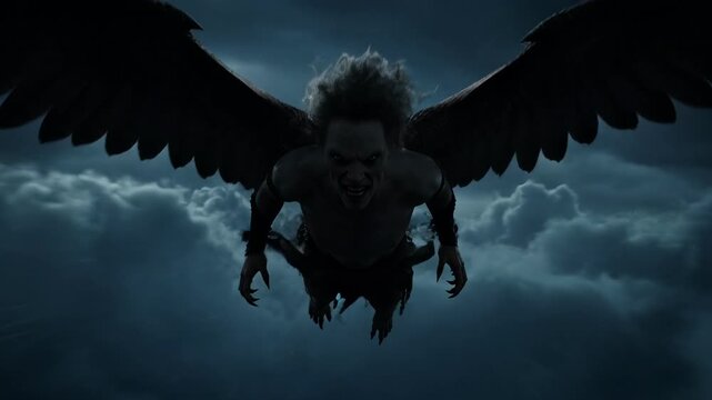 Powerful winged creature, dark flying monster mythological beast, glides through ominous dark night sky. Fantasy monster with menacing presence, large form and ominous silhouette dominates stormy