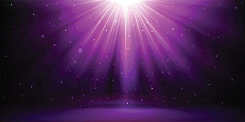 Purple spotlight. Bright lighting with spotlights of the stage with purple dust on dark background © yedar
