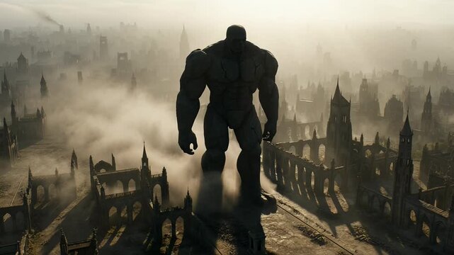 Powerful monster gazes over vast ancient city, standing rooftop desolate, foggy landscape. Its colossal silhouette dominates widespread destruction, evoking awesome power and formidable determination