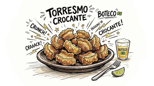 Hand-drawn crispy torresmo with beer and lime at boteco