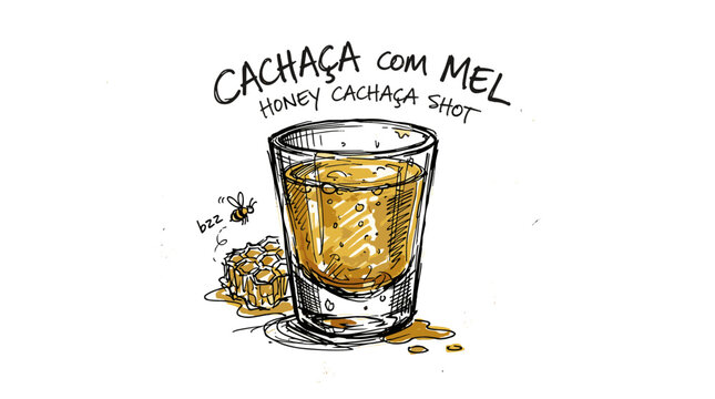 Hand-drawn honey cacha&ccedil;a shot with bee and honeycomb