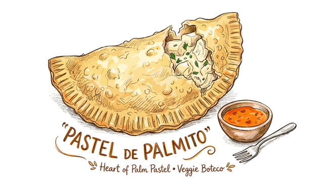 Hand-drawn pastel de palmito with dipping sauce and fork