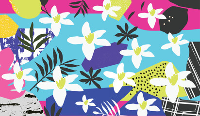 Tropical jungle leaves and flowers background. Colorful tropical poster design. Exotic leaves, flowers, plants and branches art print. Botanical pattern, wallpaper, fabric vector illustration design
