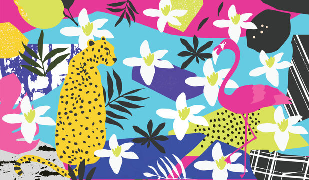 Tropical jungle leaves and flowers background. Colorful tropical poster design. Exotic leaves, flowers, plants and branches art print. Botanical pattern, wallpaper, fabric vector illustration design