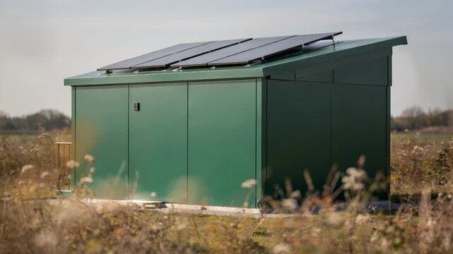 Focused medium shot of a compact green telecom shelter with solar panels on top surrounded by blurred temperate field vegetation and soft natural light.