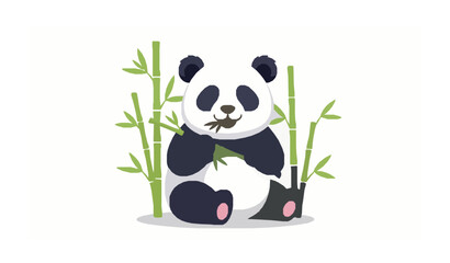 Cute cartoon panda eating bamboo sitting beside bamboo stalks flat vector animal illustration isolated on white © MdShahinoor