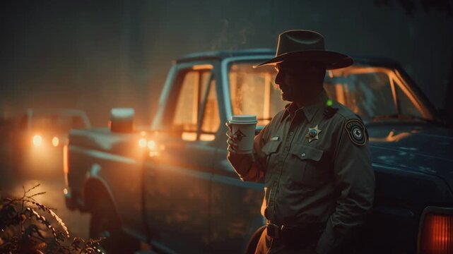 Park Ranger Drinking Coffee Beside Truck at Early Morning