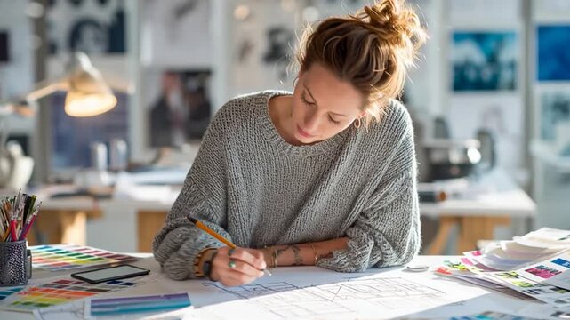 Interior Designer Sketching Room Layout in Modern Design Studio
