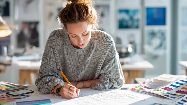 Interior Designer Sketching Room Layout in Modern Design Studio