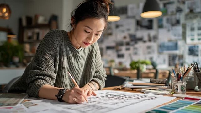 Interior Designer Sketching Room Layout in Modern Design Studio