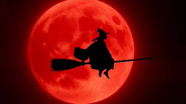 Witch on broom flying, striking silhouette across huge red full moon, evokes spooky Halloween night magic. thrilling dark fantasy adventure