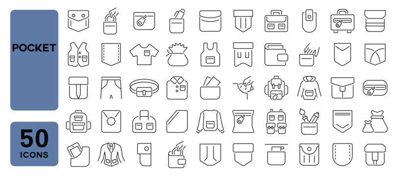 Set of 50 line icons related to pocket, clothes pocket, bag, wallet, patch pocket, pockets, Editable stroke. Vector illustration