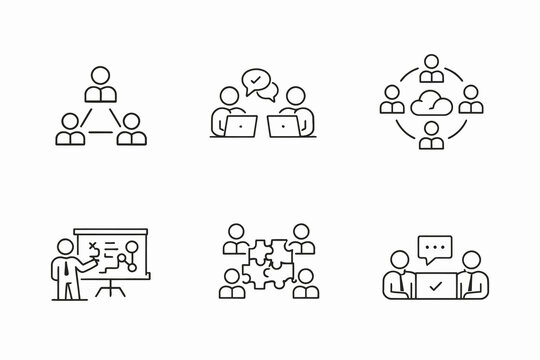 Six distinct illustrations depicting various teamwork and collaboration methods in a group setting