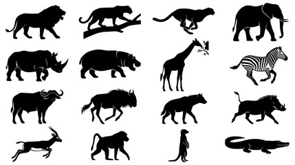 Collection of sixteen black safari animal silhouettes including big five and savanna species © Design Paradise