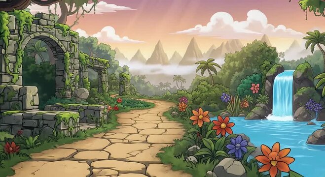 enchanted jungle ruin path with waterfall, stone walkway and distant mountains