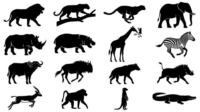Collection of sixteen black safari animal silhouettes including big five and savanna species