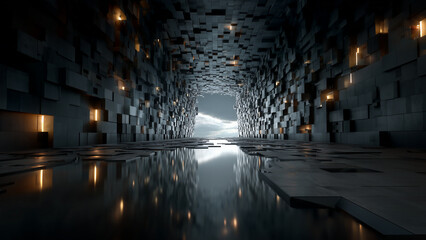 Fototapeta premium 暗いブロック状の壁と奥に見える白い光の出口の抽象背景素材