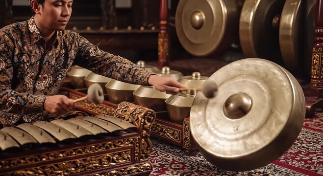 gamelan musician playing metallophone in ornate traditional room