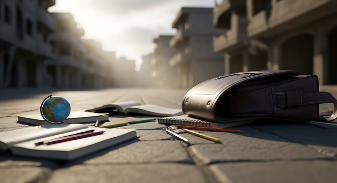 School supplies including a small globe, open notebooks, pencils, and a dark leather satchel abandoned on cracked pavement outside destroyed city buildings under hazy sunlight suggesting educational s