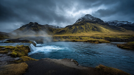 AI generator images of One of the most famous geysers in the world, the beauty of the water erupting against a backdrop of mountains and meadows.