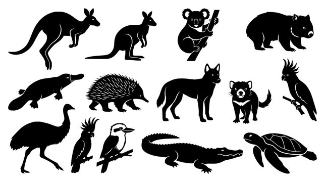Set of Black Australian Animal Silhouettes Including Kangaroo Koala Wombat and Platypus