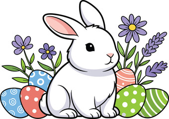 Obraz premium Easter day vector illustration of a white bunny with colorful eggs and flowers