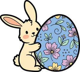 Obraz premium Easter day vector illustration of a bunny holding a decorated egg