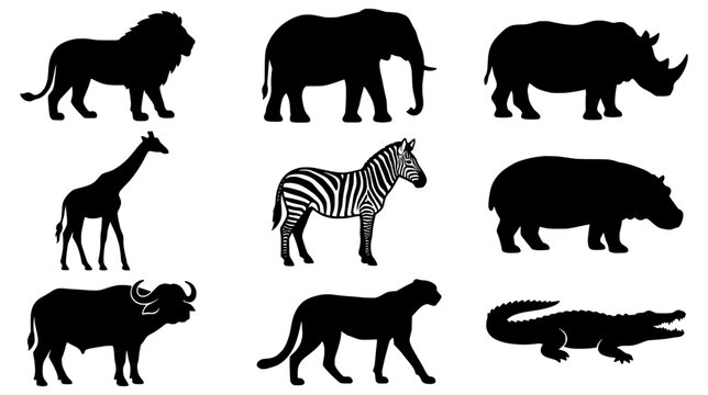 Collection of black African safari animal silhouettes including lion elephant rhinoceros and zebra