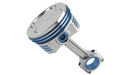 Detailed 3d render of a silver automotive piston with blue accents on white background