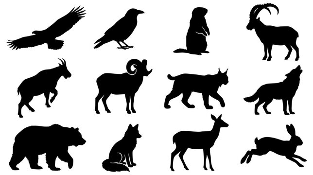 Alpine Wildlife Silhouette Set Including Bear Wolf Eagle Lynx and Bighorn Sheep