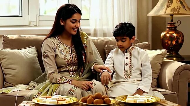 Sister tying rakhi on brother wrist during Raksha Bandhan celebration with sweets at home