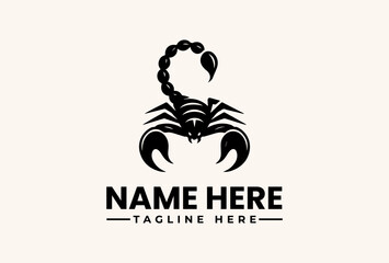 Fototapeta premium A black scorpion logo with a customizable name and tagline on a beige background, featuring a vector illustration style with a bold, modern design.
