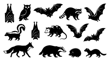 Obraz premium Black silhouette collection of nocturnal forest animals featuring bats owl raccoon fox and opossum
