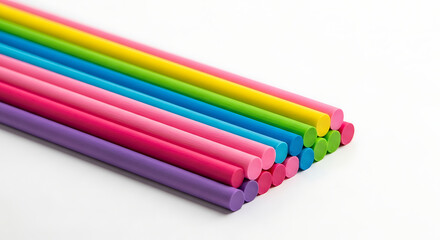 Fototapeta premium Stack of Vibrant Rainbow Colored Plastic Rods or Straws on White Background, Abstract Art and Design