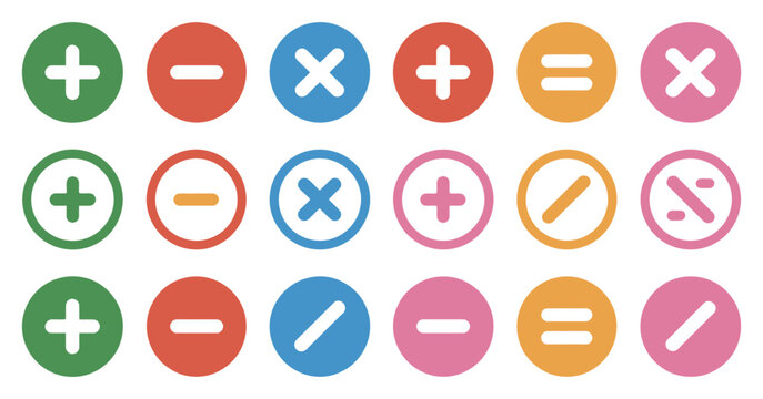 mathematics symbols, includes plus minus multiply divide equal and percentage icons in colorful circular and square styles perfect for education learning apps school materials math worksheets and 