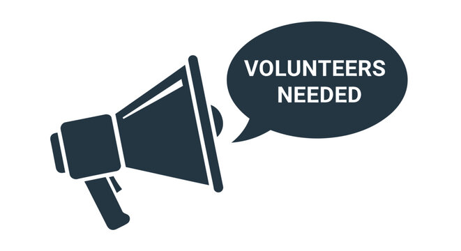 A dark blue megaphone graphic displays the text volunteers needed in a speech bubble
