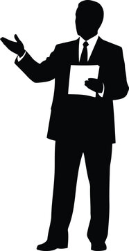 Black silhouette of a man in a business suit holding a paper and gesturing